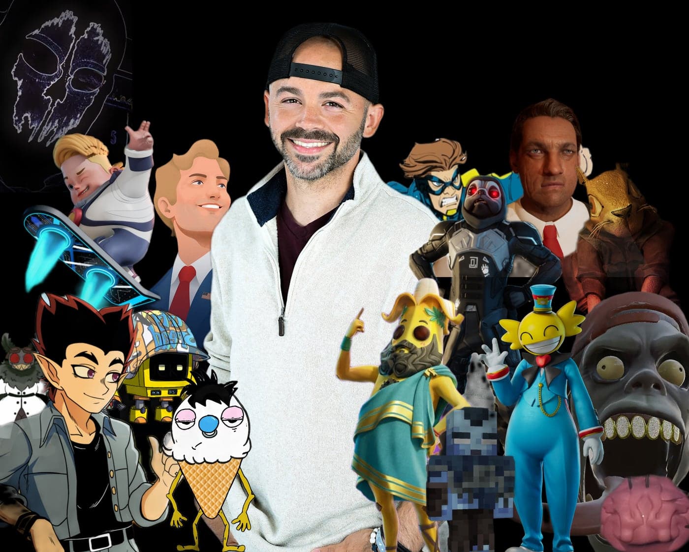 Dennis Dietrich surrounded by the animated and game characters he has voiced